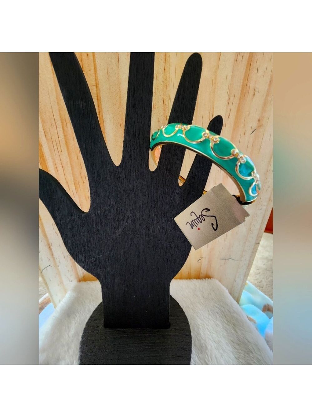 STUNNING Sequin™ Emerald Green Enamel & Crystal Gold-Tone Hinged Bangle Bracelet